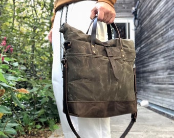 Waxed canvas roll top tote bag / office bag with luggage handle attachment leather handles and shoulder strap