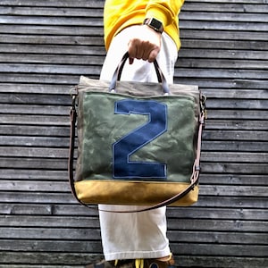 Large tote bag , large carryall bag in waxed canvas with leather cross body strap