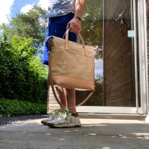 Natural waxed canvas tote bag / office bag with luggage handle attachment leather handles and shoulder strap