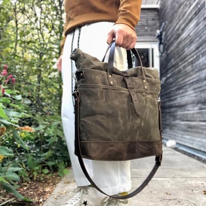 Waxed canvas roll top tote bag / office bag with luggage handle attachment leather handles and shoulder strap image 1