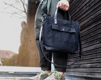 Black briefcase in waxed canvas with outside pocket - wax canvas attache - waterproof satchel  COLLECTION UNISEX