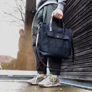 Black briefcase in waxed canvas with outside pocket - wax canvas attache - waterproof satchel  COLLECTION UNISEX