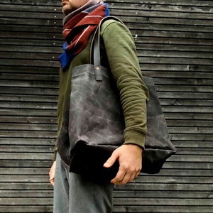 Große gewachschte Canvas Tragetasche mit Ledergriffen / Canvas Markttasche / Tragetasche COLLECTION UNISEX