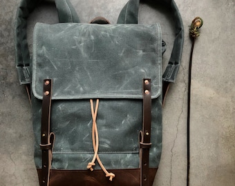 Backpack waxed canvas  / rucksack with folded top and waxed canvas flap