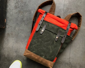 Orange waxed canvas leather Backpack medium size / Commuter backpack /  Hipster Backpack with roll top