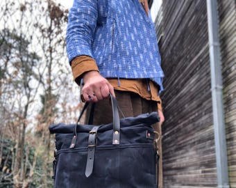 Waxed Canvas Roll Top Tote Bag: Leather Handles, Luggage Attachment
