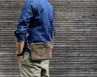 Waxed canvas day bag / small messenger bag/ kangaroo bag with waxed leather shoulder strap