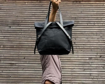 Waxed canvas tote bag  with leather handles and fold to close top / waterproof tote bag