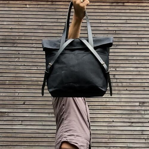 Waxed Canvas Tote With Leather Handles and Detachable Leather Etsy