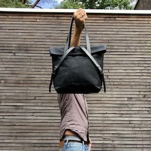 Waxed canvas tote bag  with leather handles and fold to close top / waterproof tote bag