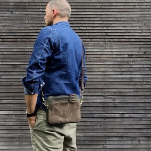 Waxed canvas day bag / small messenger bag/ kangaroo bag with waxed leather shoulder strap