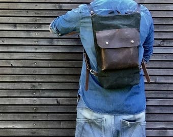 Wax Canvas Backpack small size / Hipster Backpack with zipper top and waxed leather outside pocket