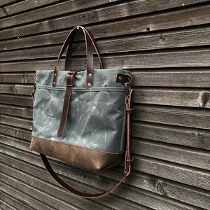 Tote Bag in Waxed Canvas With Leather Bottom and Cross Body Strap - Etsy
