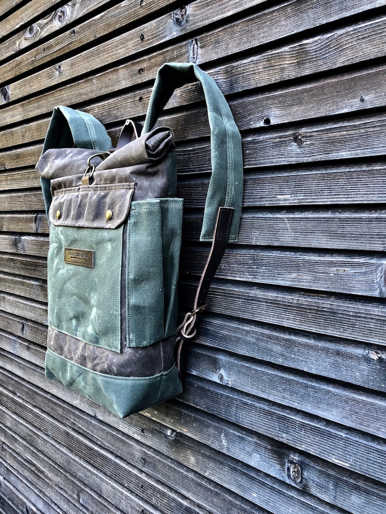 Waxed canvas rucksack / waterproof backpack with roll up top and double waxed bottem COLLECTION UNISEX image 7