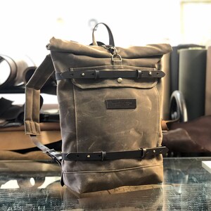 Waxed canvas backpack rucksack with folded top and waxed canvas padded shoulder straps image 2