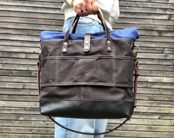 ワックスキャンバス ロールトップトートバッグ：レザーハンドル