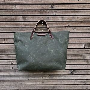 Waxed canvas tote bag - carryall with leather handles and bottom COLLECTION UNISEX