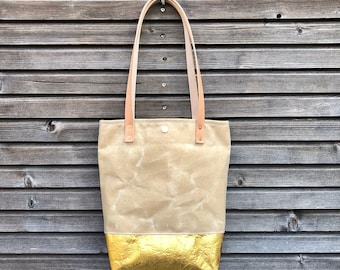 Waxed canvas and Piñatex™ tote bag - eco friendly simple tote bag -  tote bag with golden bottom