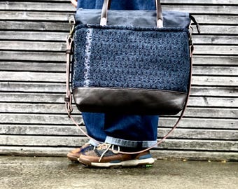 Tote bag made in waxed cavas with handwoven exterior pocket office bag