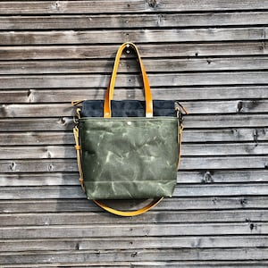 Waxed canvas tote bag / office bag with leather handles and shoulder strap