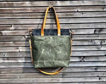 Gewachschte Canvas Tragetasche / Bürotasche mit Ledergriffen und Schultergurt
