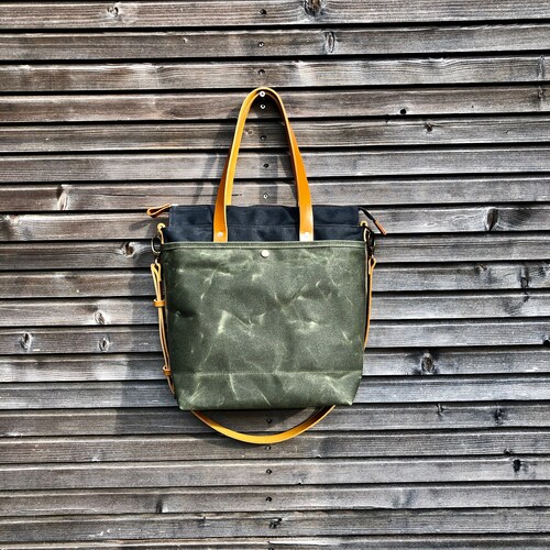 Waxed Canvas Tote With Leather Handles and Detachable Leather - Etsy