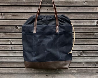 Draw string closure large tote bag in waxed canvas