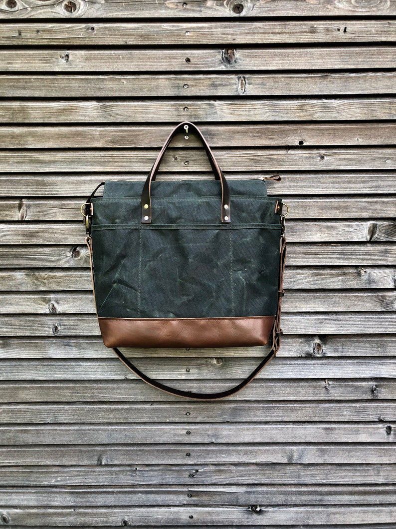 waxed canvas tote with shoulder strap