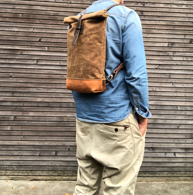 Small Waxed Canvas Backpack / Hipster Backpack With Rolled Top Etsy