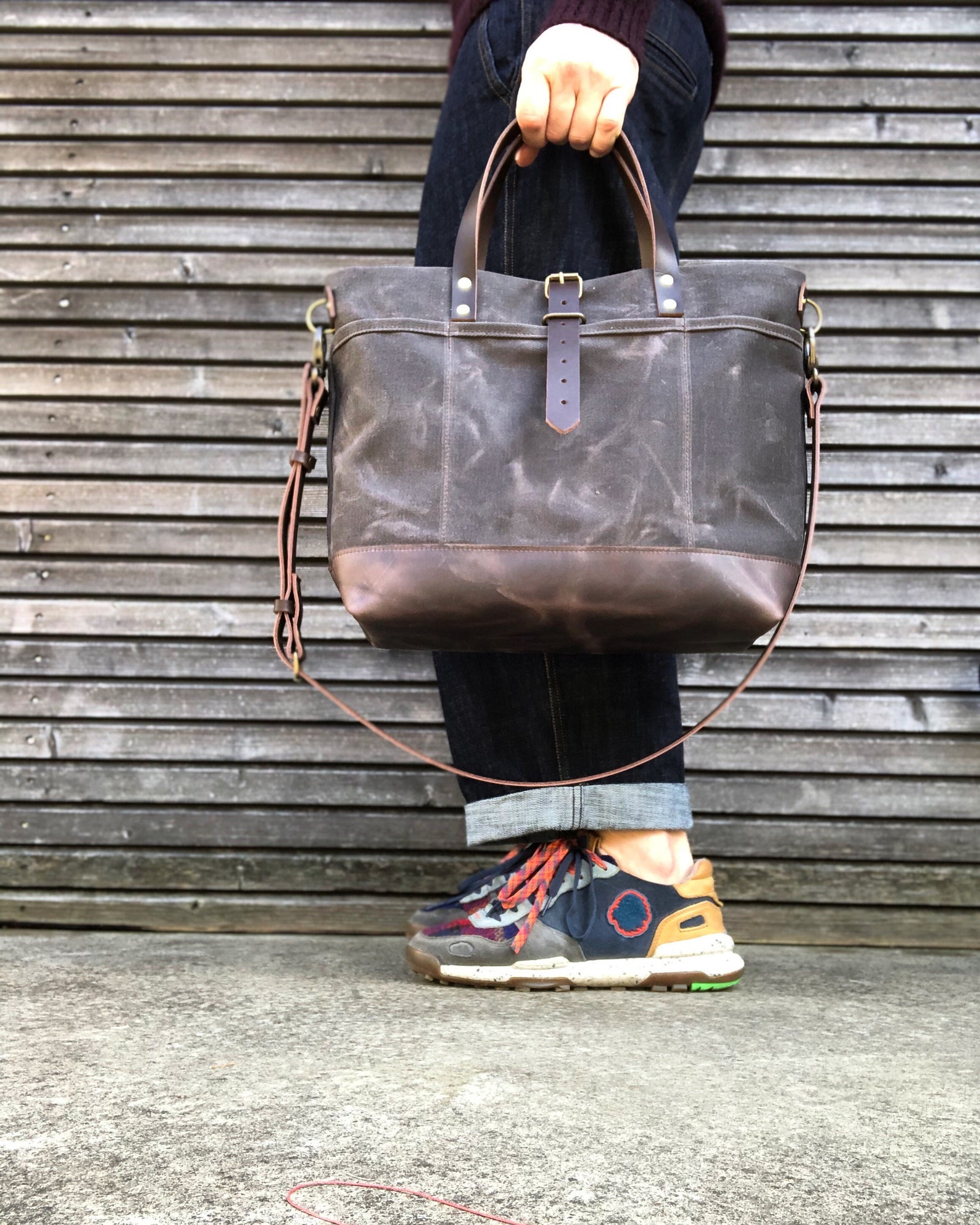 Waxed Canvas Tote Bag With Leather Handles and Shoulder Strap - Etsy