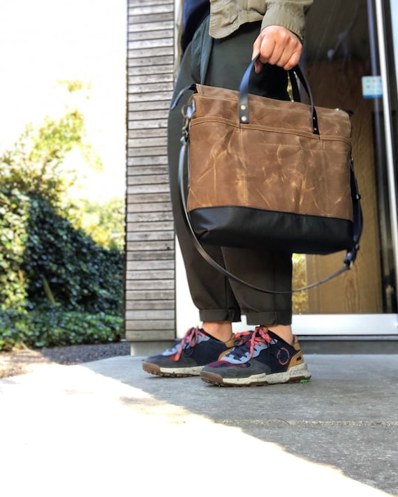 Office Tote Bag in Waxed Canvas With Luggage Handle Attachment - Etsy