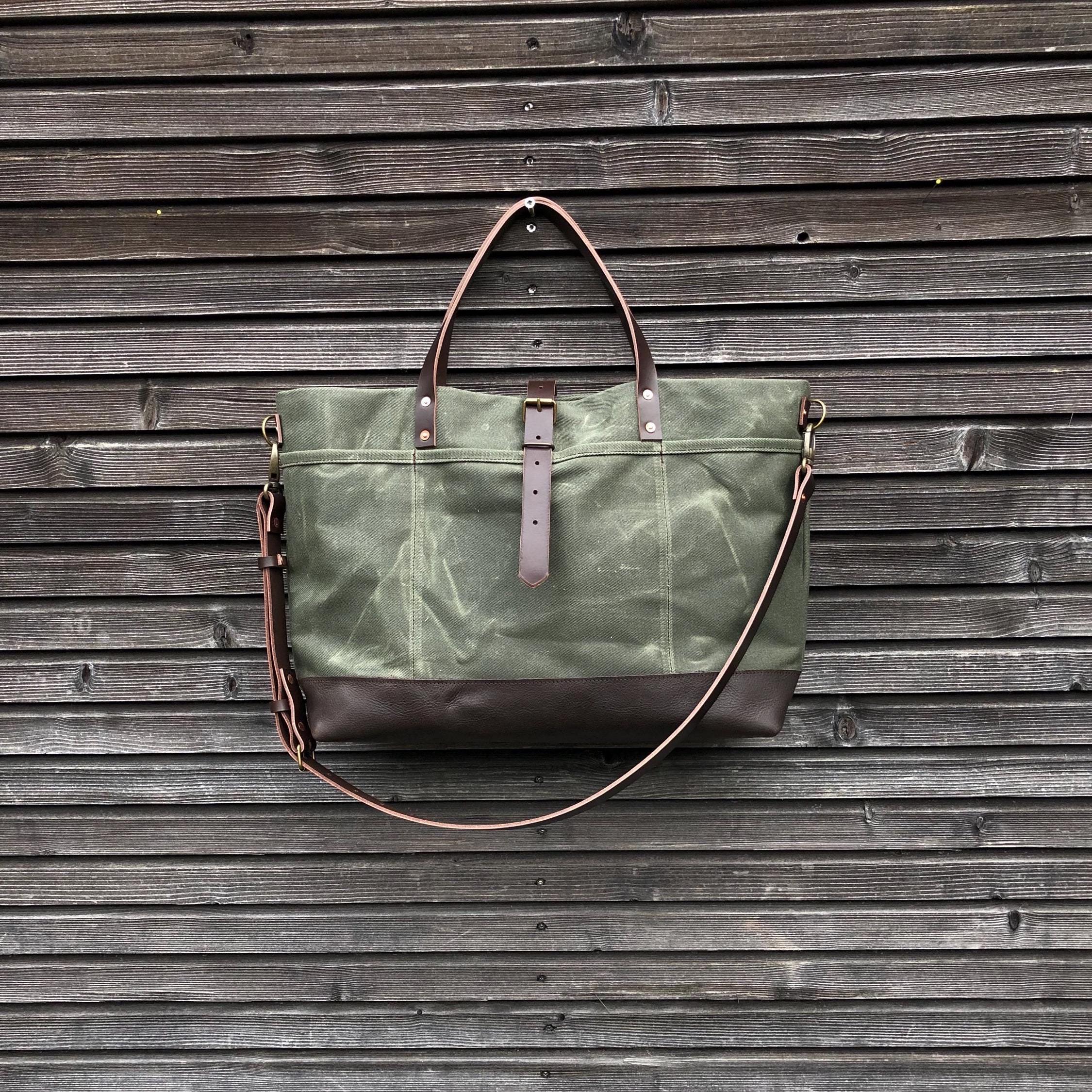 XLオリーブグリーンワックスツイルトートバッグ（レザーハンドル付き