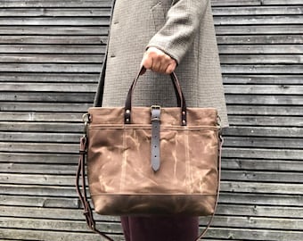 Waxed Canvas Tote Bag: Brown Leather Base, Crossbody Strap