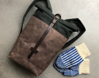 Wax canvas leather backpack - rucksack with roll to close top