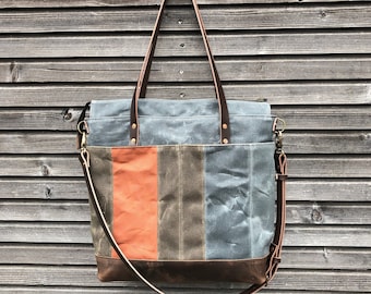Diaper bag / Large tote bag in waxed canvas and  leather with cross body strap COLLECTION UNISEX