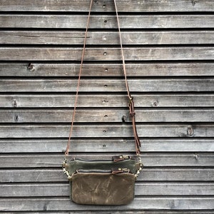 Waxed canvas day bag / small messenger bag/ kangaroo bag with waxed leather shoulder strap image 3