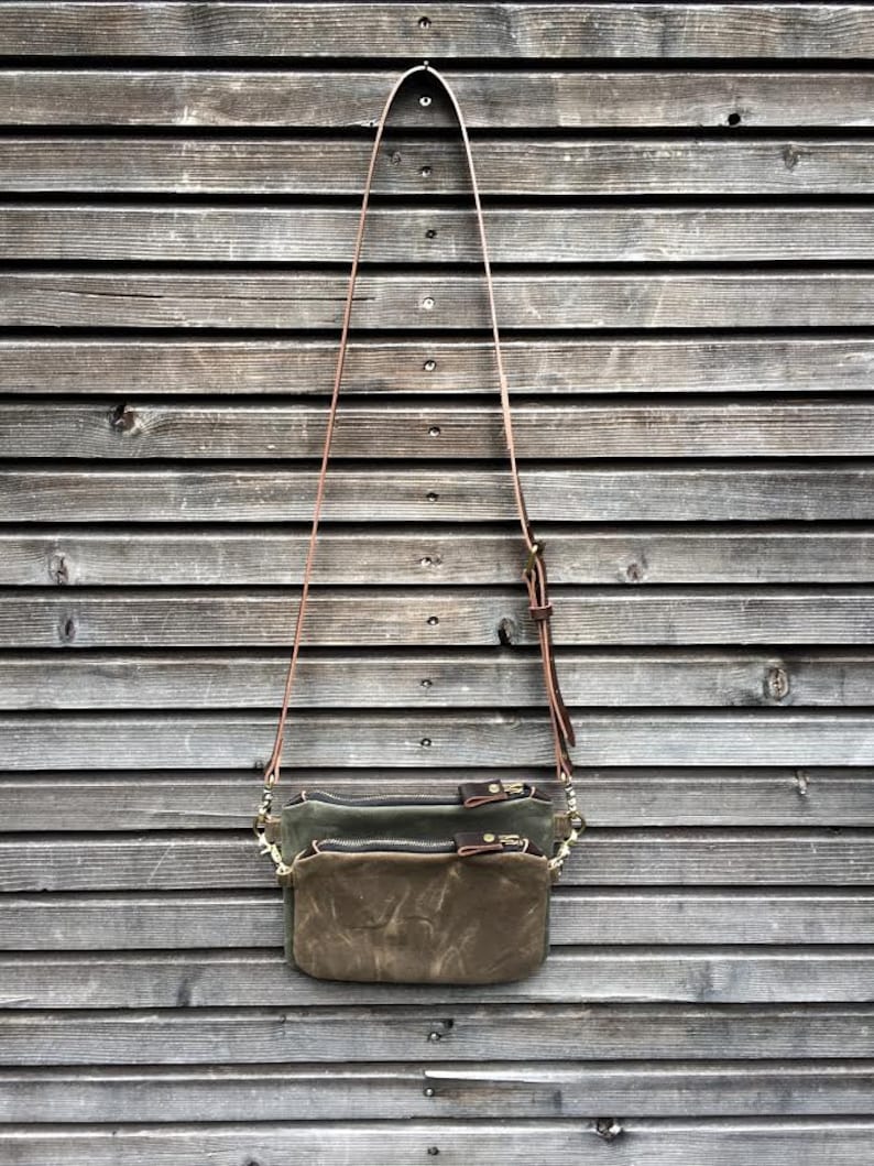 Waxed canvas day bag / small messenger bag/ kangaroo bag with waxed leather shoulder strap image 3