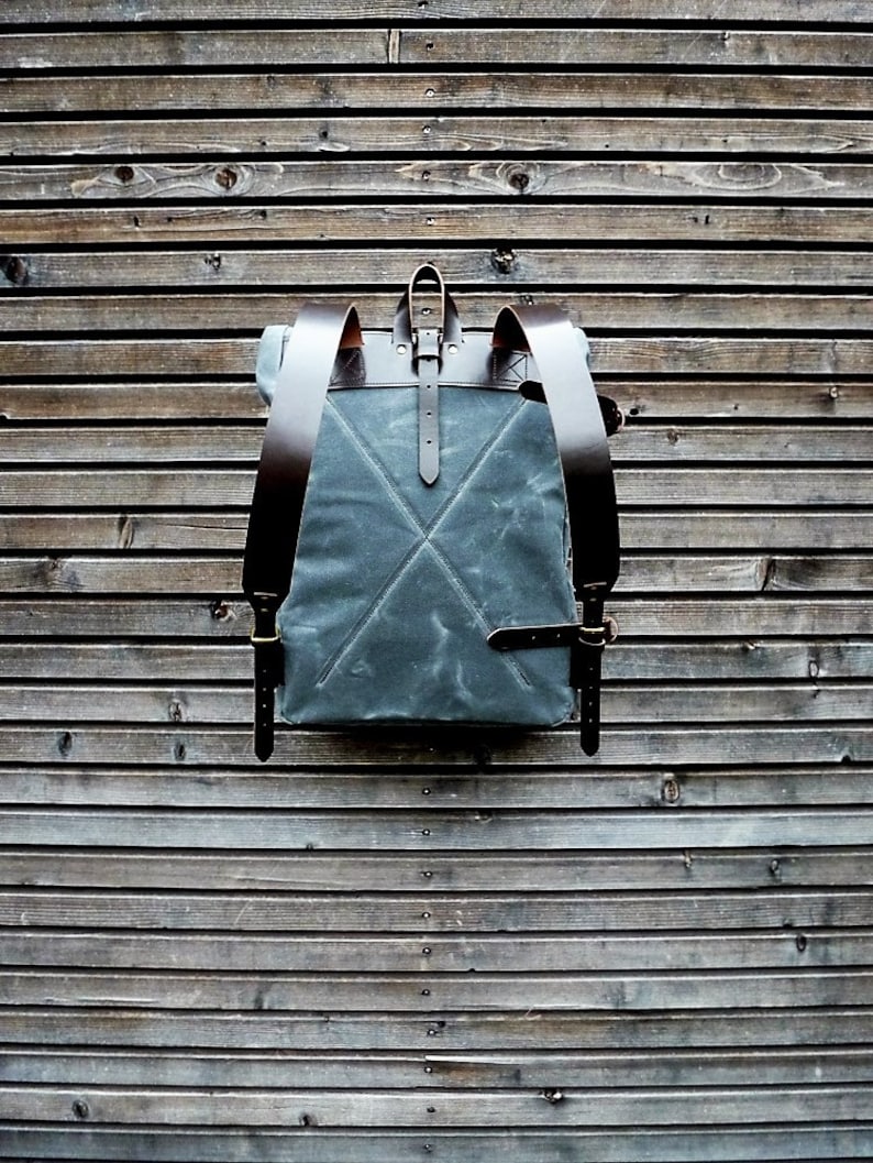 Waxed canvas backpack with roll to close top and vegetable tanned leather shoulderstraps image 4