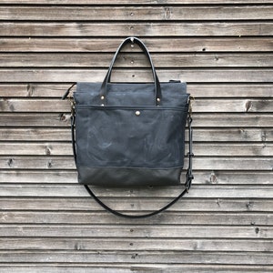 Black waxed canvas leather work and travel tote bag - diaper bag with padded laptop compartment  COLLECTION UNISEX