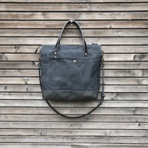 Black waxed canvas leather work and travel tote bag - diaper bag with padded laptop compartment  COLLECTION UNISEX