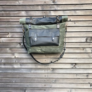 Waterproof motorcycle bag in waxed canvas and leather with detachable cross body strap bike accessories