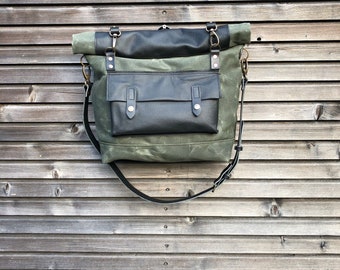 Waterproof motorcycle bag in waxed canvas and leather with detachable cross body strap bike accessories