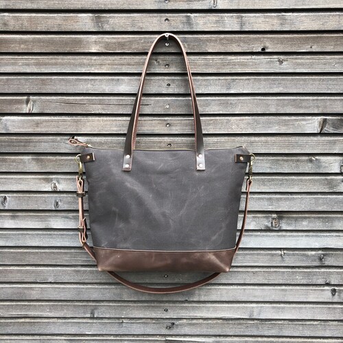 Waxed Canvas Tote Bag With Leather Handles and Shoulder Strap - Etsy