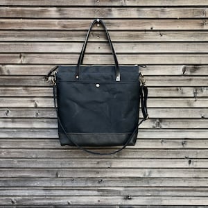 Black large tote bag , Diaper bag , weekend bag in waxed canvas with leather handles and bottom COLLECTION UNISEX image 3