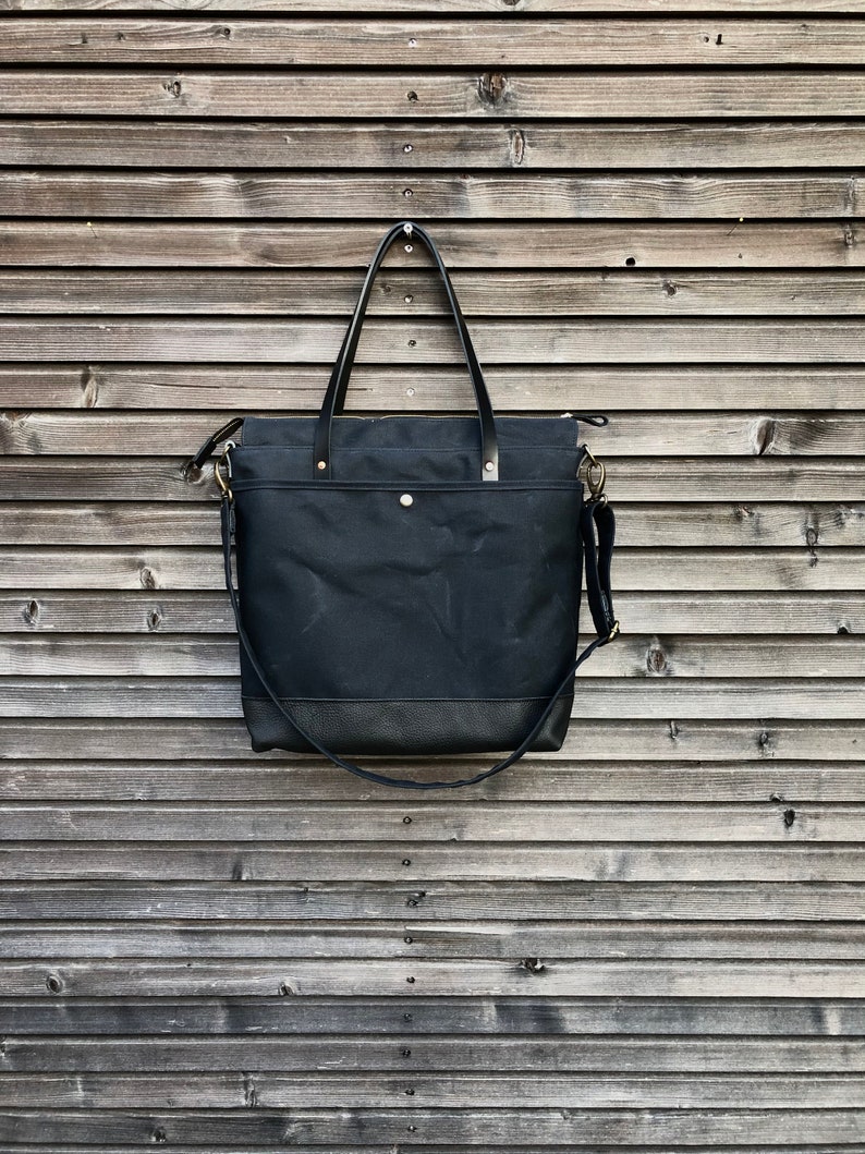 Black large tote bag , Diaper bag , weekend bag in waxed canvas with leather handles and bottom COLLECTION UNISEX image 3