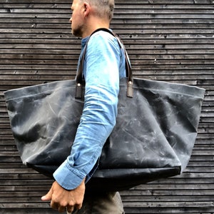 XXL waxed canvas tote bag  with  leather handles / canvas market bag / carry all  bag COLLECTION UNISEX