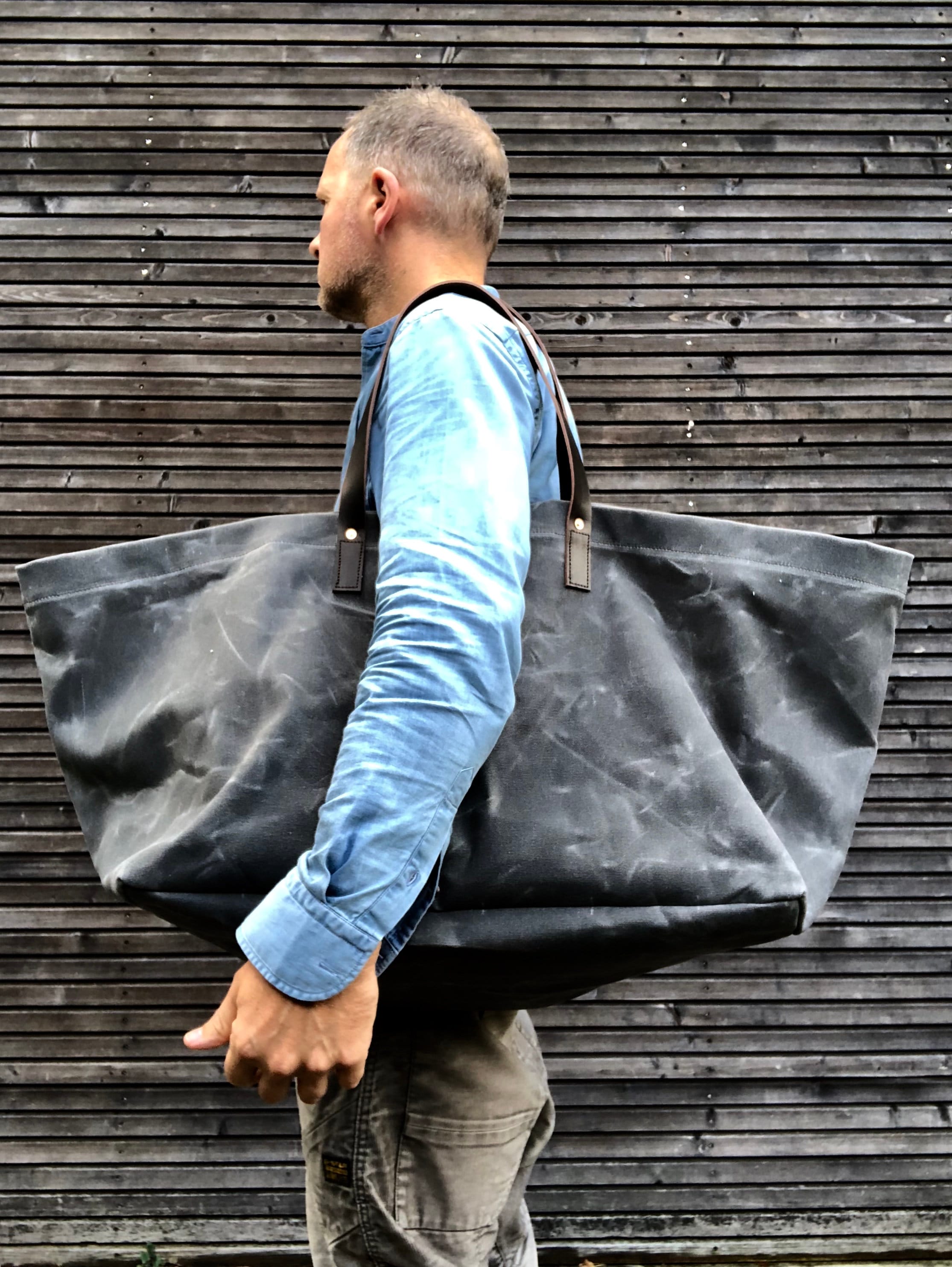 XXL Waxed Canvas Tote Bag With Leather Handles / Canvas Market - Etsy