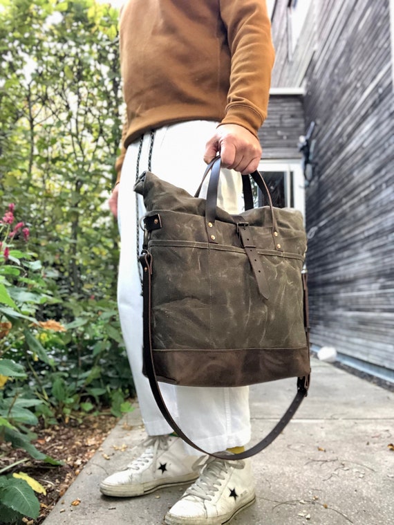 Waxed Canvas Roll Top Tote Bag / Office Bag With Luggage Handle Attachment  Leather Handles and Shoulder Strap 