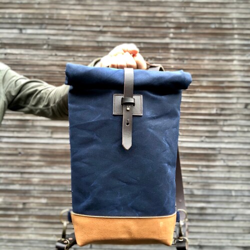 Small waxed shops canvas backpack / Hipster Backpack with rolled top and leather shoulder straps