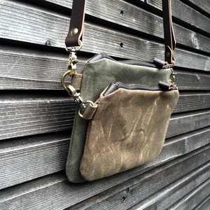 Waxed canvas day bag / small messenger bag/ kangaroo bag with waxed leather shoulder strap image 4